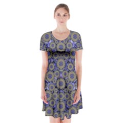 Blue Small Wonderful Floral In Mandalas Short Sleeve V-neck Flare Dress by pepitasart