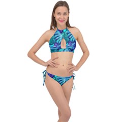 Leaves Tropical Palma Jungle Cross Front Halter Bikini Set by Sapixe