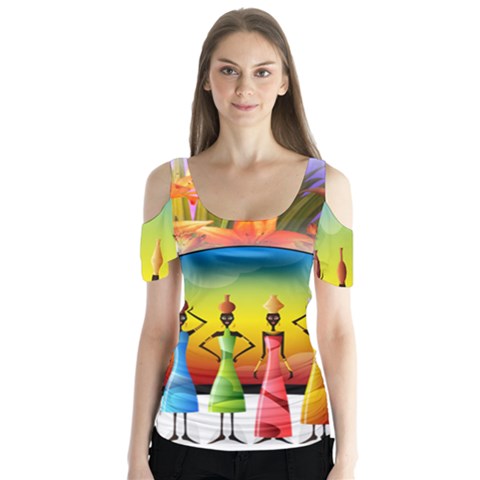 African American Women Butterfly Sleeve Cutout Tee  by AlteredStates