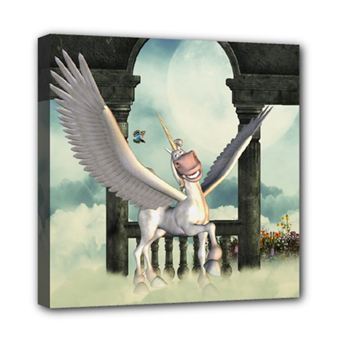 Cute Little Pegasus In The Sky, Cartoon Mini Canvas 8  X 8  (stretched) by FantasyWorld7