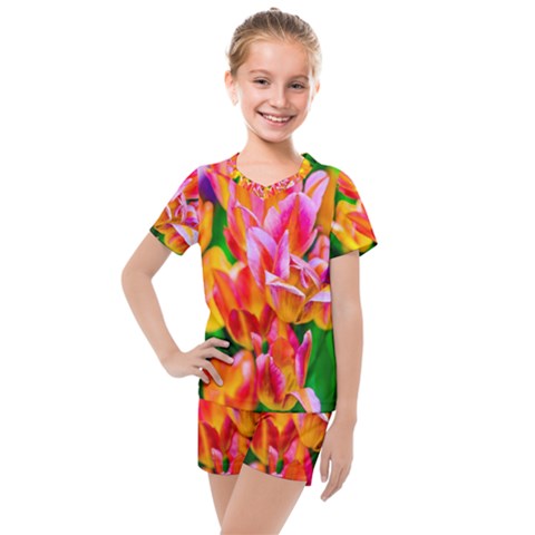 Blushing Tulip Flowers Kids  Mesh Tee And Shorts Set by FunnyCow