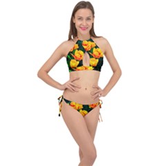 Yellow Orange Tulip Flowers Cross Front Halter Bikini Set by FunnyCow