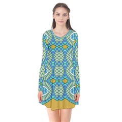 Green Blue Shapes                                    Long Sleeve V-neck Flare Dress by LalyLauraFLM