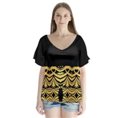 Black Vintage Background With Golden Swirls By Flipstylez Designs  V-neck Flutter Sleeve Top by flipstylezfashionsLLC