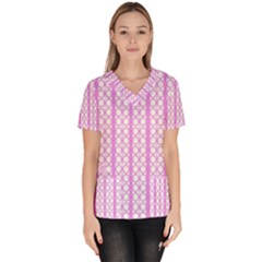 Circles Lines Light Pink White Pattern Women s V-neck Scrub Top by BrightVibesDesign
