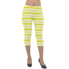 Circles Lines Yellow Modern Pattern Lightweight Velour Capri Leggings  by BrightVibesDesign