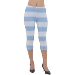 Bold Stripes Soft Blue Lightweight Velour Capri Leggings  by BrightVibesDesign