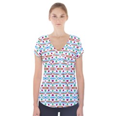 Retro Pink Green Blue Orange Dots Pattern Short Sleeve Front Detail Top by BrightVibesDesign