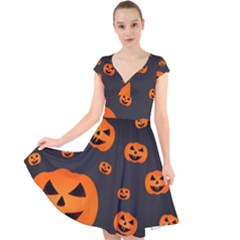 Halloween Pumpkin Autumn Fall Cap Sleeve Front Wrap Midi Dress by Sapixe
