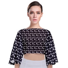Pattern Skull Bones Halloween Gothic On Black Background Tie Back Butterfly Sleeve Chiffon Top by genx