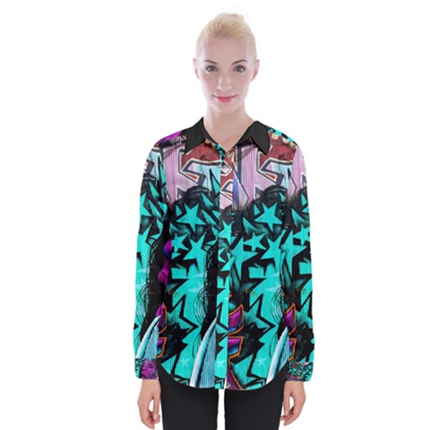 Graffiti Woman And Monsters Turquoise Cyan And Purple Bright Urban Art With Stars Womens Long Sleeve Shirt by genx