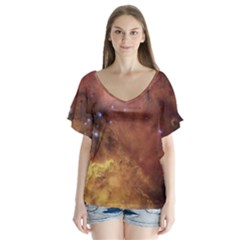 Cosmic Astronomy Sky With Stars Orange Brown And Yellow V-neck Flutter Sleeve Top by genx