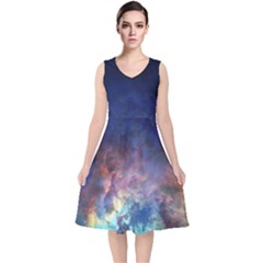 Lagoon Nebula Interstellar Cloud Pastel Pink, Turquoise And Yellow Stars V-neck Midi Sleeveless Dress  by genx
