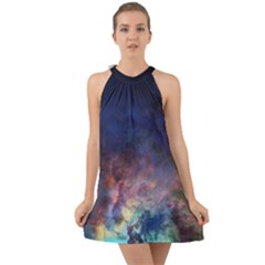 Lagoon Nebula Interstellar Cloud Pastel Pink, Turquoise And Yellow Stars Halter Tie Back Chiffon Dress by genx
