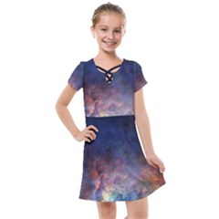 Lagoon Nebula Interstellar Cloud Pastel Pink, Turquoise And Yellow Stars Kids  Cross Web Dress by genx