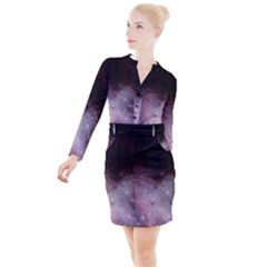 Eagle Nebula Wine Pink And Purple Pastel Stars Astronomy Button Long Sleeve Dress by genx