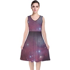 Christmas Tree Cluster Red Stars Nebula Constellation Astronomy V-neck Midi Sleeveless Dress  by genx