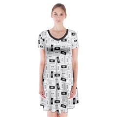 Tape Cassette 80s Retro Genx Pattern Black And White Short Sleeve V-neck Flare Dress by genx