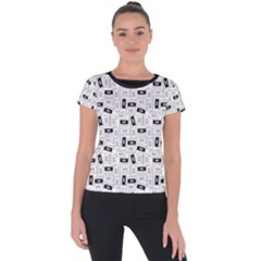 Tape Cassette 80s Retro Genx Pattern Black And White Short Sleeve Sports Top  by genx