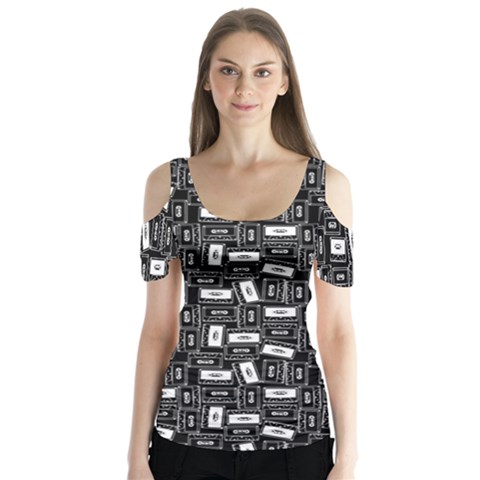 Tape Cassette 80s Retro Genx Pattern Black And White Butterfly Sleeve Cutout Tee  by genx
