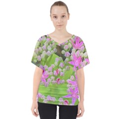 Hot Pink Succulent Sedum With Fleshy Green Leaves V-neck Dolman Drape Top by myrubiogarden