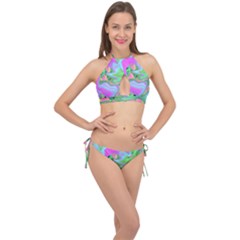 Retro Pink And Light Blue Liquid Art On Hydrangea Garden Cross Front Halter Bikini Set by myrubiogarden