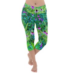 Purple Coneflower Garden With Tiger Eye Tree Lightweight Velour Capri Yoga Leggings by myrubiogarden