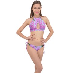 Hot Pink And White Peppermint Twist Garden Phlox Cross Front Halter Bikini Set by myrubiogarden