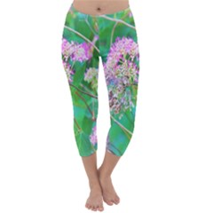 Invincibelle Spirit Hot Pink Hydrangeas On Aqua Green Capri Winter Leggings  by myrubiogarden