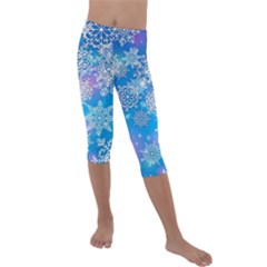 Snowflake Background Blue Purple Kids  Lightweight Velour Capri Leggings  by Wegoenart