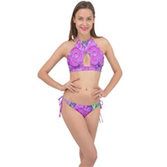 Groovy Pink, Blue And Green Abstract Liquid Art Cross Front Halter Bikini Set by myrubiogarden