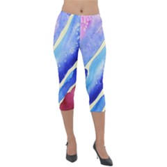 Painting Abstract Blue Pink Spots Lightweight Velour Capri Leggings  by Wegoenart