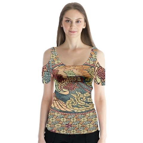 Wings Feathers Cubism Mosaic Butterfly Sleeve Cutout Tee  by Wegoenart