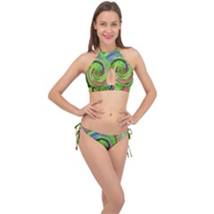 Groovy Abstract Green And Crimson Liquid Swirl Cross Front Halter Bikini Set by myrubiogarden