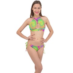 Groovy Abstract Purple And Yellow Liquid Swirl Cross Front Halter Bikini Set by myrubiogarden
