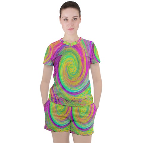 Groovy Abstract Purple And Yellow Liquid Swirl Women s Tee And Shorts Set by myrubiogarden