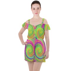 Groovy Abstract Purple And Yellow Liquid Swirl Ruffle Cut Out Chiffon Playsuit by myrubiogarden