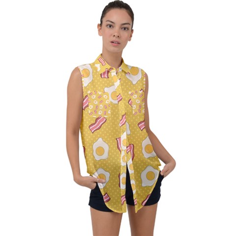 Bacon And Egg Pop Art Pattern Sleeveless Chiffon Button Shirt by Valentinaart
