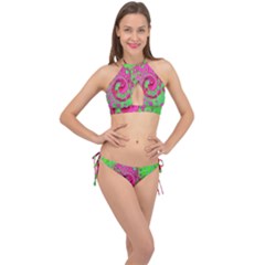 Groovy Abstract Green And Red Lava Liquid Swirl Cross Front Halter Bikini Set by myrubiogarden