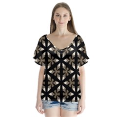 Black, Brown And Cream Geo V-neck Flutter Sleeve Top by bykenique