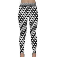 White Line Wave Black Pattern Classic Yoga Leggings by Pakrebo