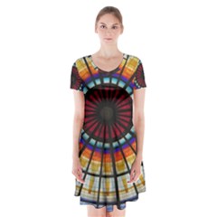 Background Stained Glass Window Short Sleeve V-neck Flare Dress by Pakrebo