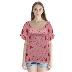 Red Hearts And Polka Dots Over Peach V-neck Flutter Sleeve Top by 1dsign