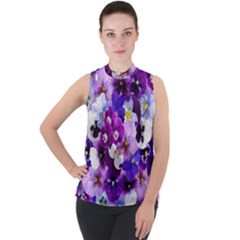 Pretty Purple Pansies Mock Neck Chiffon Sleeveless Top by retrotoomoderndesigns
