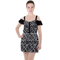 Abstract White On Black Circles Design Ruffle Cut Out Chiffon Playsuit by LoolyElzayat