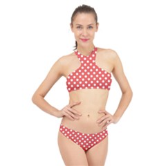 Red White Polka Dots High Neck Bikini Set by retrotoomoderndesigns