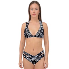 Black White Abstract Flower Double Strap Halter Bikini Set by retrotoomoderndesigns