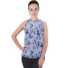 Vintage Roses Purple Mock Neck Chiffon Sleeveless Top by retrotoomoderndesigns