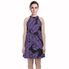 Tropical Leaves Purple Velvet Halter Neckline Dress  by snowwhitegirl