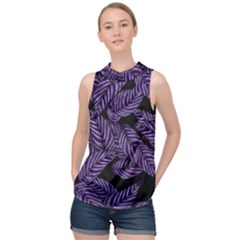 Tropical Leaves Purple High Neck Satin Top by snowwhitegirl